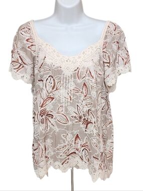 Democracy Lace Trim Crochet Floral Embroidered Blouse Top Taupe/brown Size M